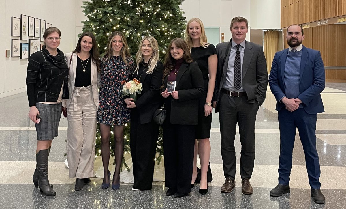 Vickar Business Law students at the 2022 VIBE Awards (Far left) Elise Janzen, Jenna Symons, Emily Palmer, Johanna Thiessen, Julia Beal, Alli Knox, Connor Jonsson.