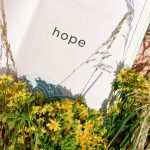 Yellow flowers are clustered around an open card that says "hope."