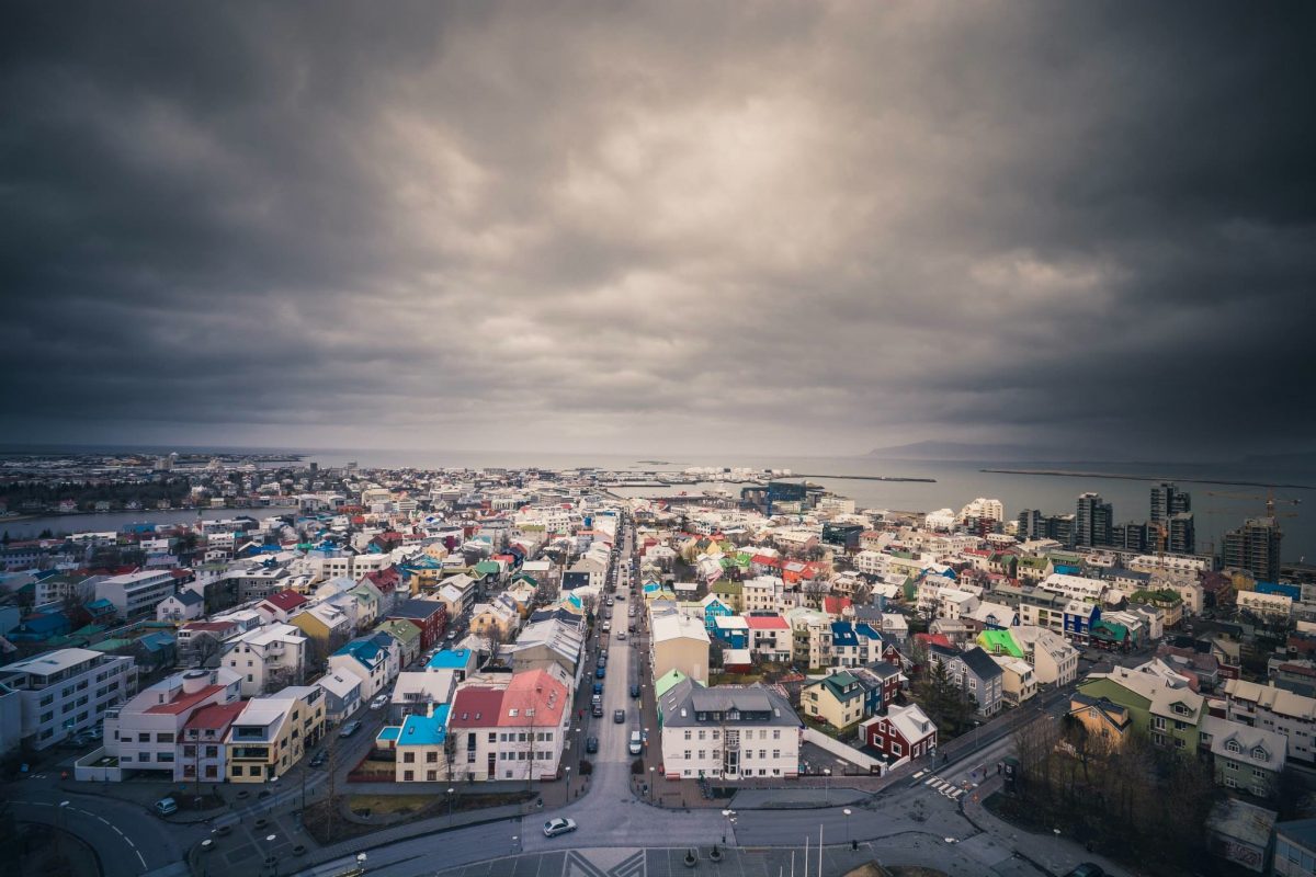 Stormy skies above the city of Reykjavik, Iceland.