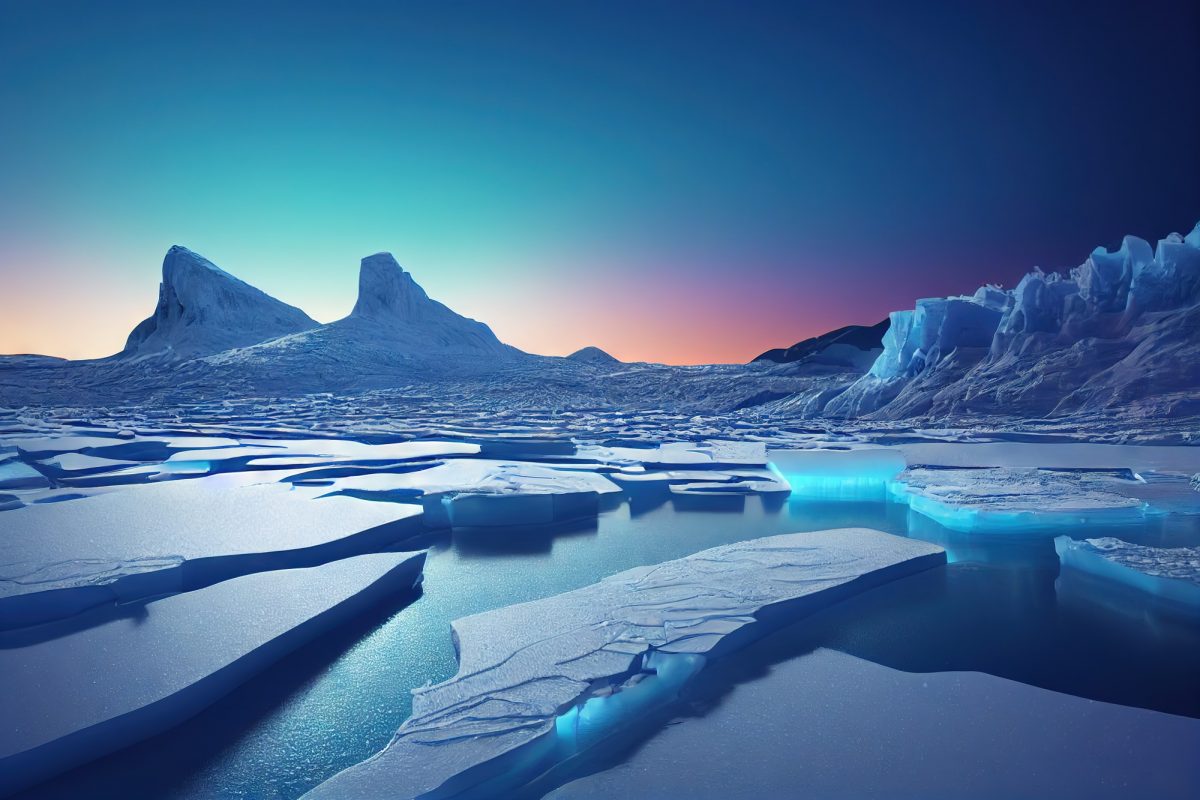 Icebergs and breaking ice with setting sun in the distance.