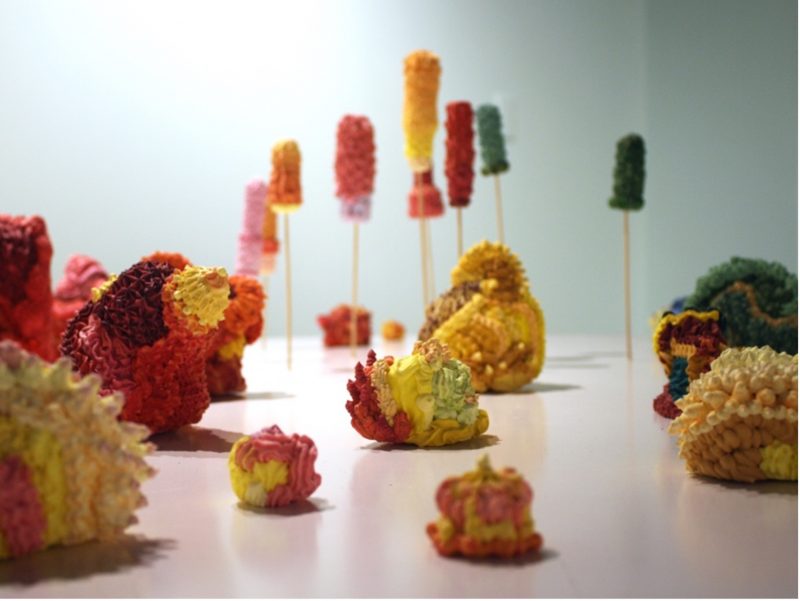 Colourful organic sculpture, some held up by wooden dowels, sit on a table.