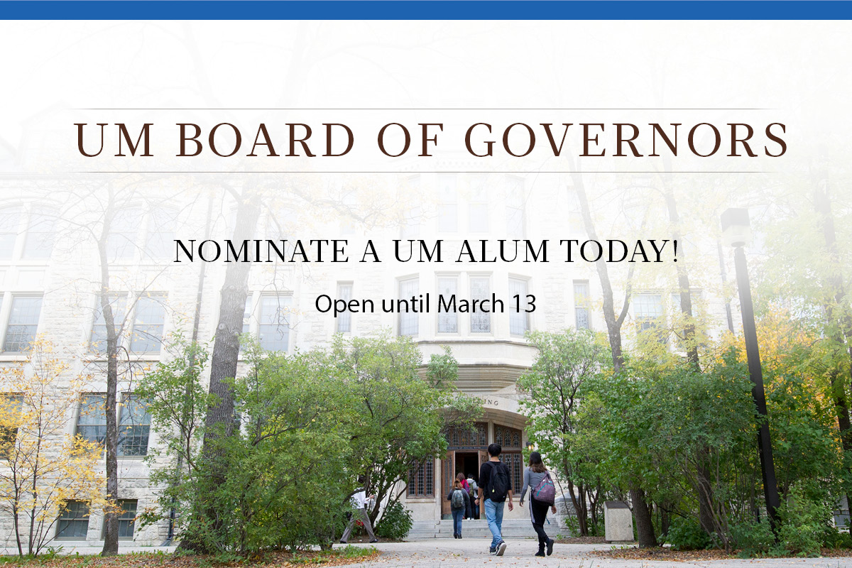 Students walking into UM building with text that reads: UM Board of Governors nominate a UM alum today open until March 13.