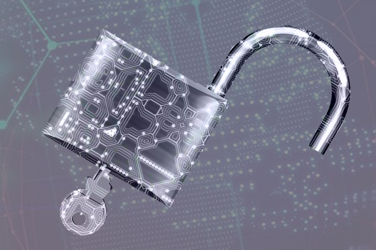 Open padlock with key on digital circuit background.