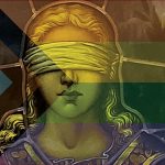 Image of stained glass window of blind justice superimposed with the combined trans and queer flag colours