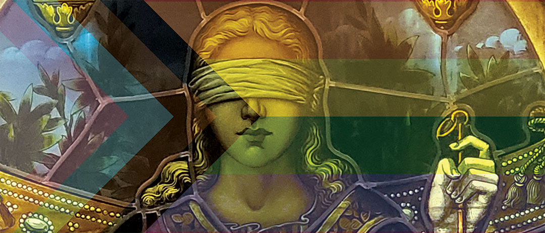 Image of stained glass window of blind justice superimposed with the combined trans and queer flag colours
