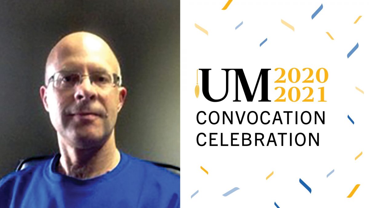 Pete Giesbrecht on the left and text on the right that reads: UM 2020 2021 Convocation Celebration with confetti in the background.