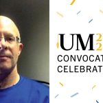 Pete Giesbrecht on the left and text on the right that reads: UM 2020 2021 Convocation Celebration with confetti in the background.