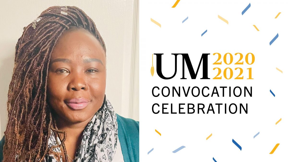 Headshot of Sandy Deng on the left and text on the right that reads: UM 2020 2021 convocation celebration.