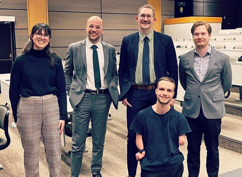 Manitoba Laskin moot competition team 2023 of Megan Filyk, Eric Gagnon, Eric App, Matt Reimer, and Bradley Légaré