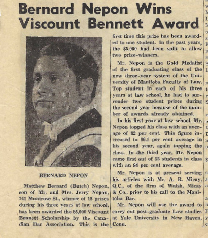 News clipping of Butch Nepon winning Viscount Bennett Award in 1967