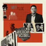 An animated image made to look like a paper collage. It features the Netflix logo, factories, and photos of people, as well as an Oscar trophy.