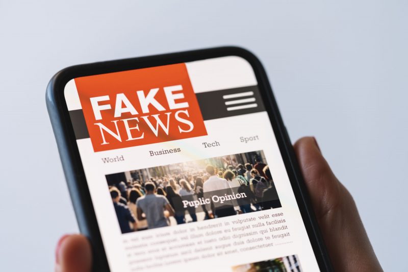 Photo of hand holding a cell phone with Fake News on the screen.