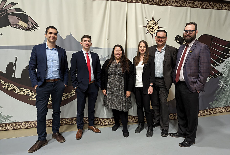 University of Manitoba at the 2023 Kawaskimhon Moot (left to right): Assistant Professor Daniel Diamond (coach), Brayden Gray, Carleena Cavallo, Heather Alexander, Indigenous Legal Studies Coordinator Marc Kruse (coach), and Adam Kowal.