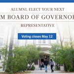 Students walking into a UM building with text that reads: Alumni, elect your next UM Board of Governors representative, voting closes May 12.