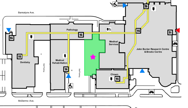 Map of Bannatyne campus showing BBQ location in the green space between Medical Services and Medical Rehab.