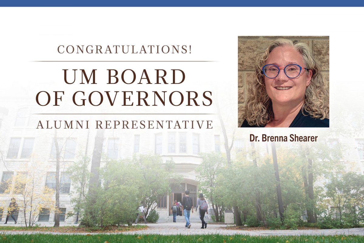 A backdrop of a UM building with Dr. Brenna Shearer's headshot on the right and text on the left that reads: congratulations UM board of governors alumni representative.