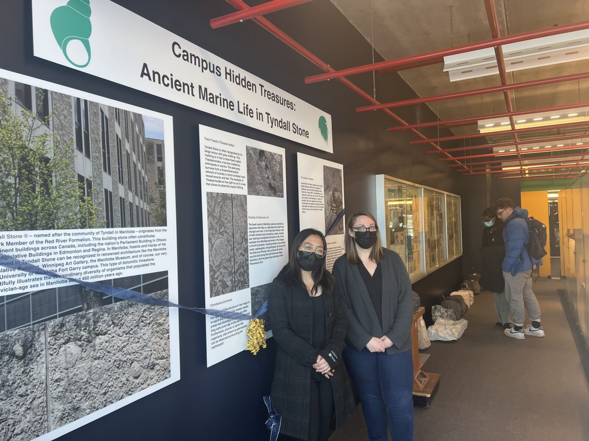 Two women standing in front of museum exhibit.