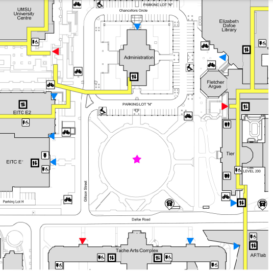 Map of Fort Garry campus showing BBQ location in the Quad.