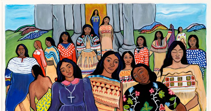 Artwork of Indigenous women in colourful dresses.