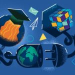 Graphic illustration showing a grad cap with fire blasting out of the bottom, a rubiks cube, the earth, and an unplugged electrical cord.