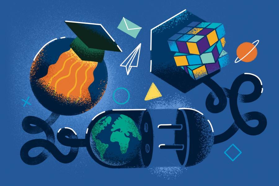 Graphic illustration showing a grad cap with fire blasting out of the bottom, a rubiks cube, the earth, and an unplugged electrical cord.