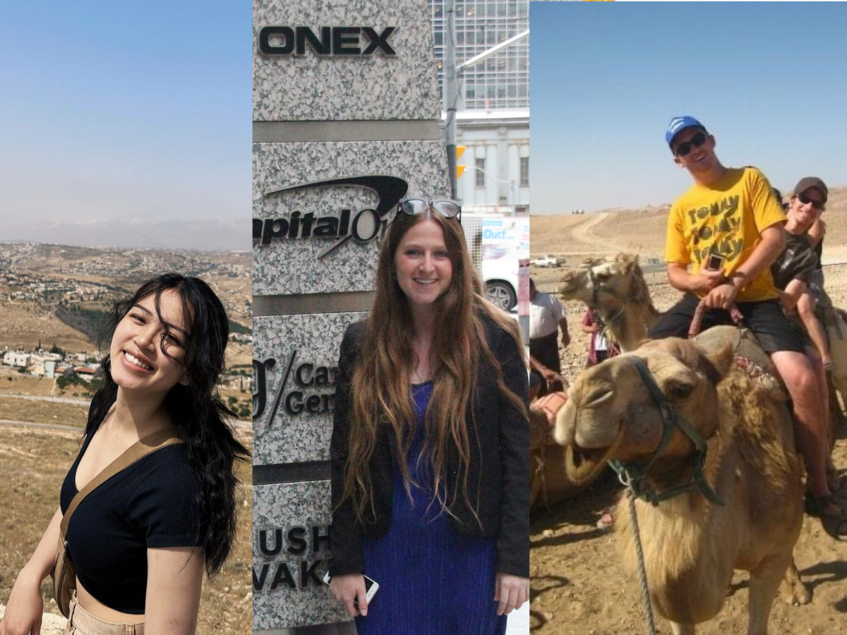 Three picture collage showing students at various locations in Israel.