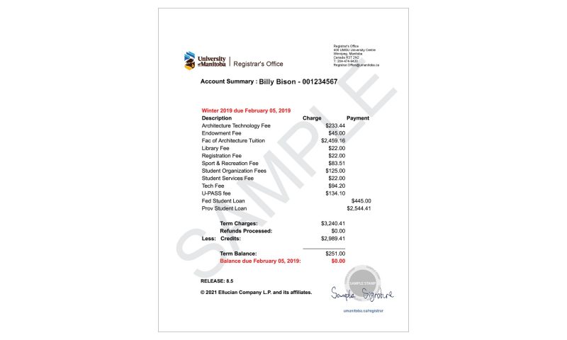 A sample of an account summary document that can be ordered from the Registrar's Office.