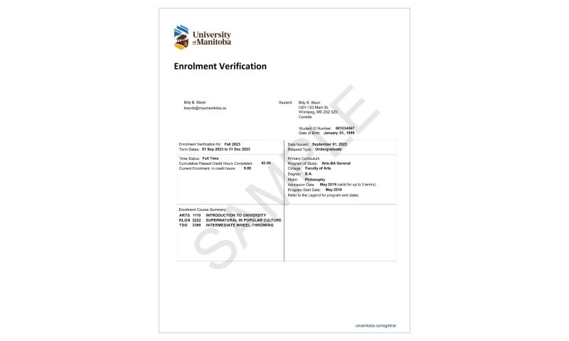 A sample of an Enrolment Verification document that can be ordered from the Registrar's Office.