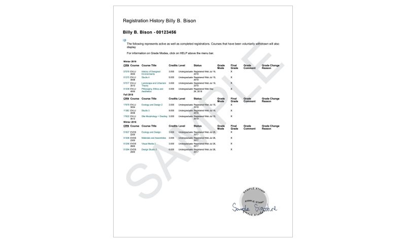 A sample of a registration history document that can be ordered from the Registrar's Office.