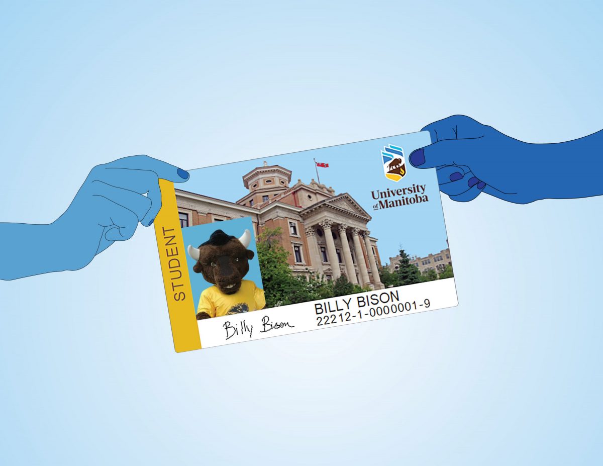 A graphic showing Billy Bison's UM student ID card being handed off.