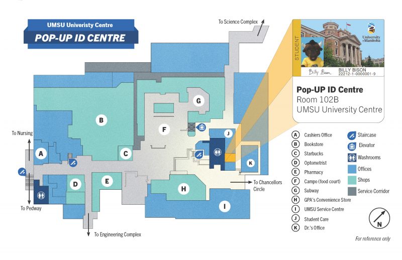 A map depicting University Centre, with directions to the Pop-up ID centre.