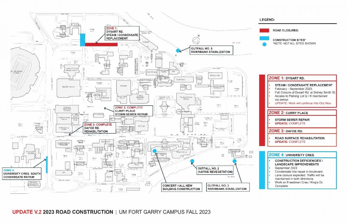 A parking and road closures map of the University of Manitoba Fort Garry campus