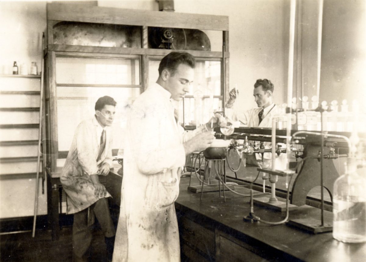 Louis Slotin (left) and fellow students, Harvey Cohen (centre) and Charles Alan Ayre (right) in chemistry lab at the University of Manitoba, ca. 1933-34.