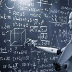 Photo of robot with math equations on a board.
