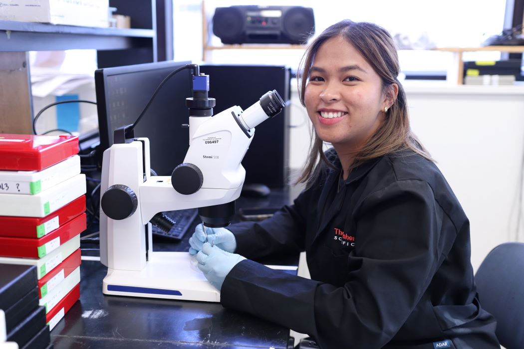 Student Deanne Nixie Miao smiles while sitting at a microscope in a lab.