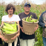 From the left, Brenda Greyeyes, Hayden Gilmour and Corey and Colin Pangman holding some of the fruits of their labour. Photo: Tamara Pimentel/APTN.