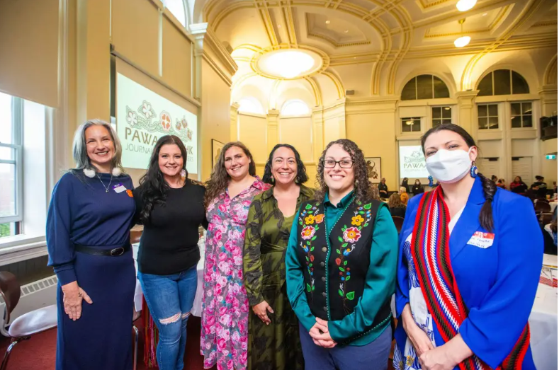 MIKAELA MACKENZIE / WINNIPEG FREE PRESS Co-editors of Pawaatamihk, from left: Cathy Mattes, Lindsay DuPré, Lucy Fowler, Jennifer Markides, Chantal Fiola, and Laura Forsythe. The Métis scholars celebrated the release of its inaugural edition last week.