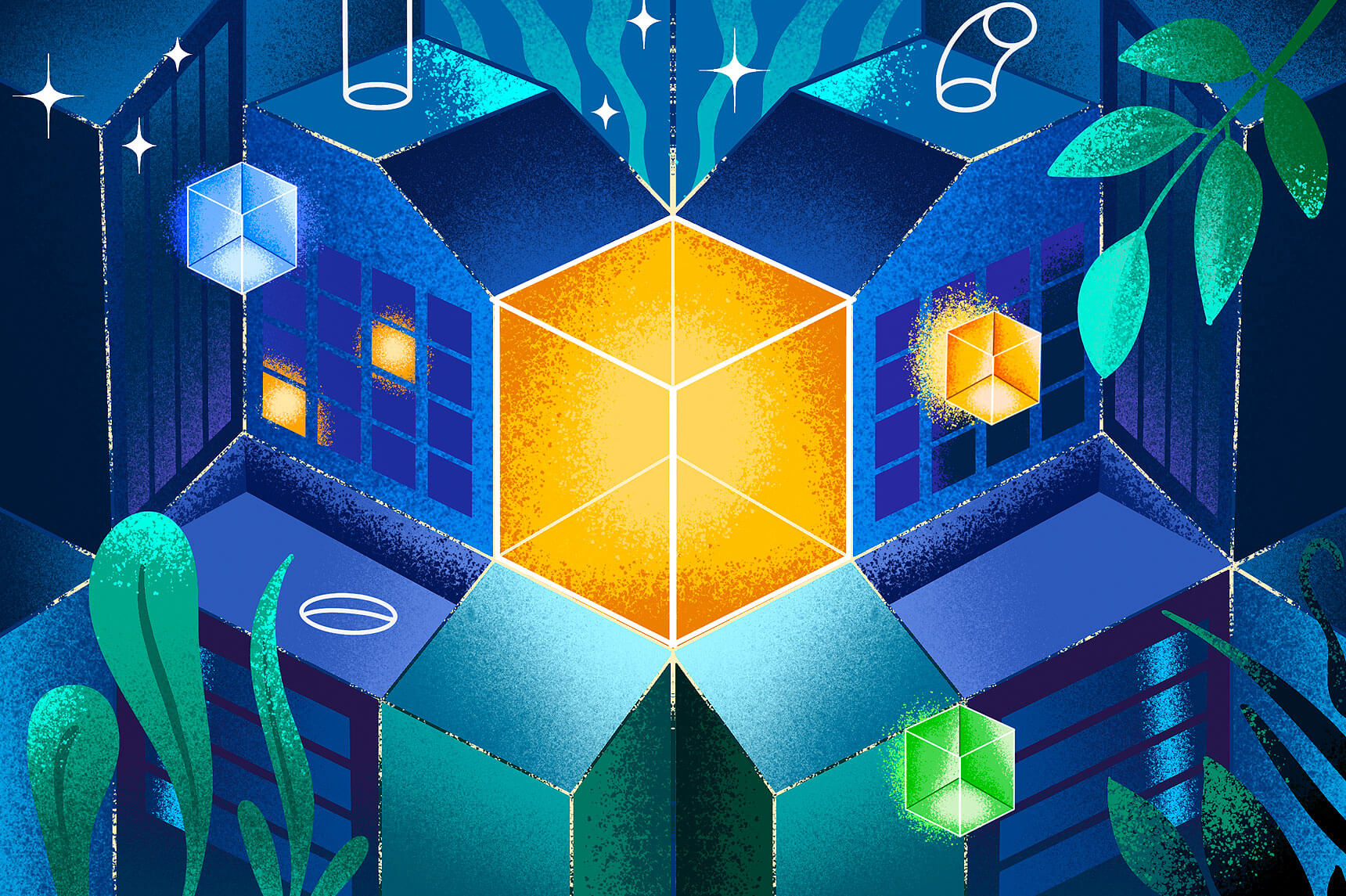 A graphic illustration of a glowing golden cube with buildings protruding from it.