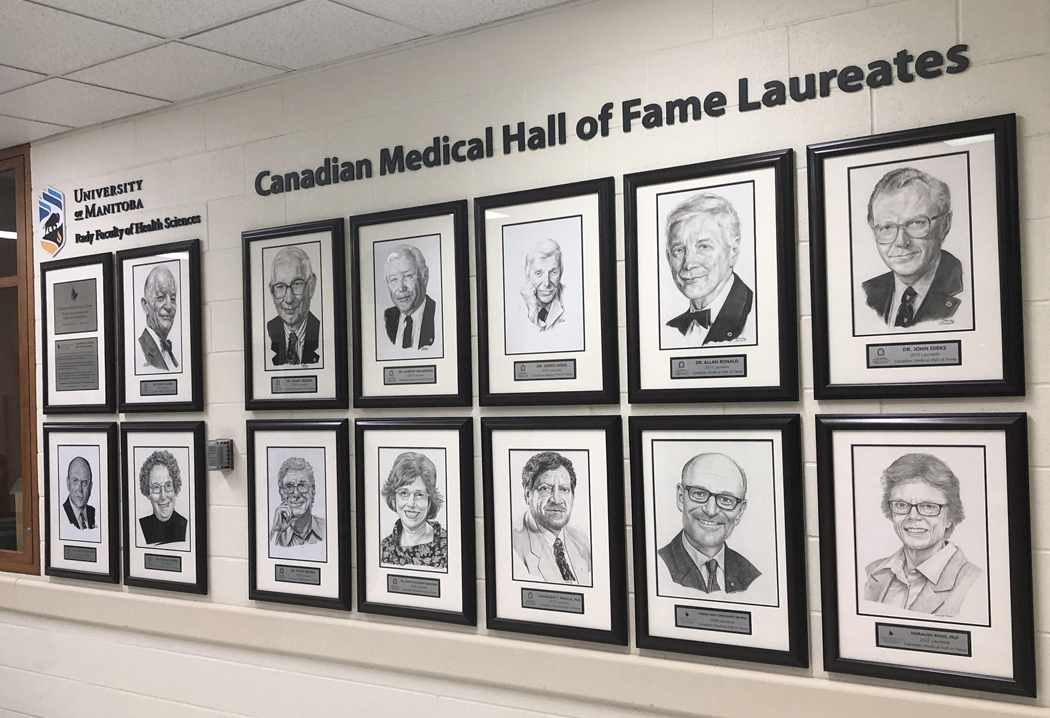 Canadian Medical Hall of Fame portrait wall, located on the main floor of Brodie adjacent to the bookstore.