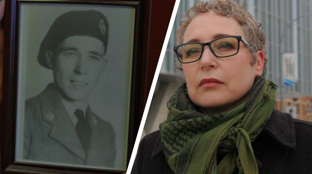 Metis PhD student and Indigenous Veteran, Shauna Mulligan, beside a photo of her grandfather, who also served in the military