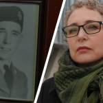 Metis PhD student and Indigenous Veteran, Shauna Mulligan, beside a photo of her grandfather, who also served in the military