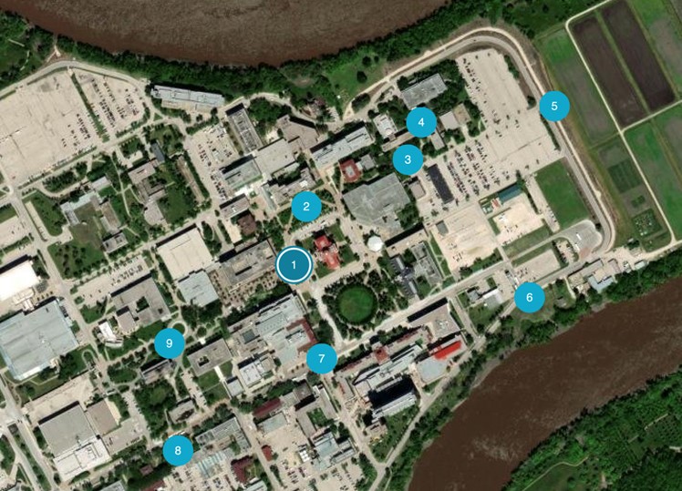Aerial map of the Fort Garry campus with locations of interest numbered. 