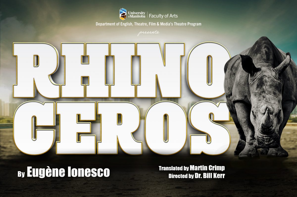 A rhinoceros standing next to large, white letters spelling the word rhinoceros.
