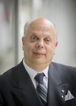 Professor David Lepofsky headshot. A bald older gentleman in a navy blue suit, striped blue tie and white shirt with Order of Canada pins on the lapel