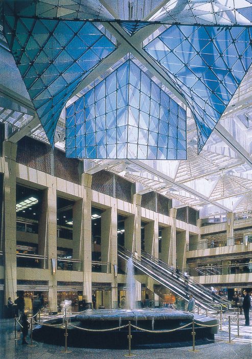 Image of the Landmark Atrium showing glass ceiling and fountain features.