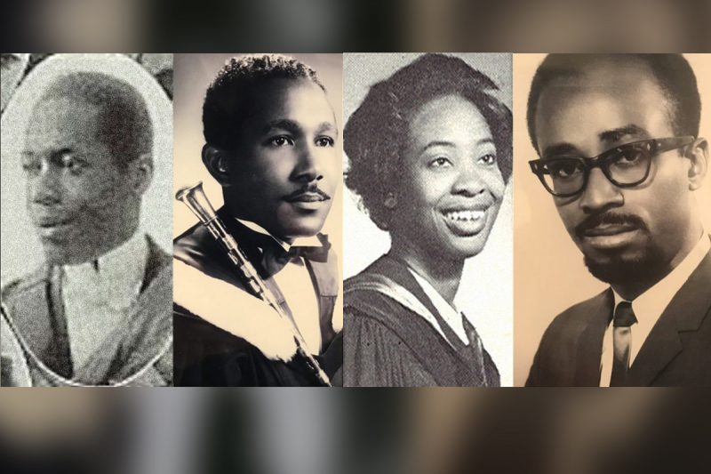 UM Black History Month figures (L-R): The first black man to graduate from UM, Hewburn Greenridge [MD/1920]; Lindley Abdulah, 42nd UMSU President in 1960; the first Black woman to attend UM, June Marion James [BSc/63, BSc(Med)/67, MD/67]; and Horace Patterson, 51st UMSU President in 1968-1969.
