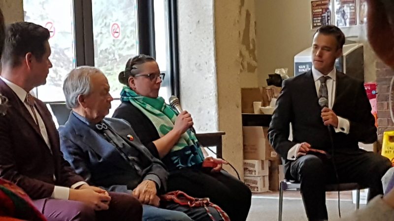Logan Nadeau, 1L, moderates a panel of Métis elders including Elder Norman Mead who opened the event, Tyler Blashko, MLA for Lagimodiere, and Jeri Ducharme, Manager of Learning for the EleV Partnership at UM Indigenous Engagement and Communications. 