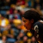 Bisons volleyball captain Light Uchechukwu on the court. Photo by Zachary Peters