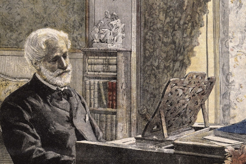 Illustration of an older man sitting at a piano.