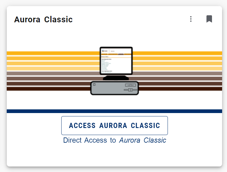 A desktop computer with Aurora Classic on the screen. Text below, is directing users to click here to go to the old aurora system.